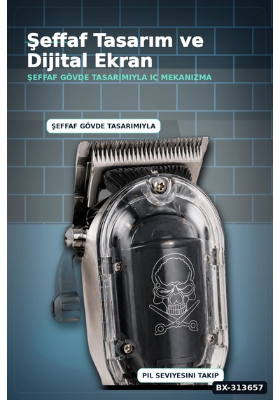 Şeffaf Gövdeli Saç Kesme Makinesi 4 Taraklı Ayarlanabilir Bıçak Lcd Ekranlı Şarjlı Bx-313657