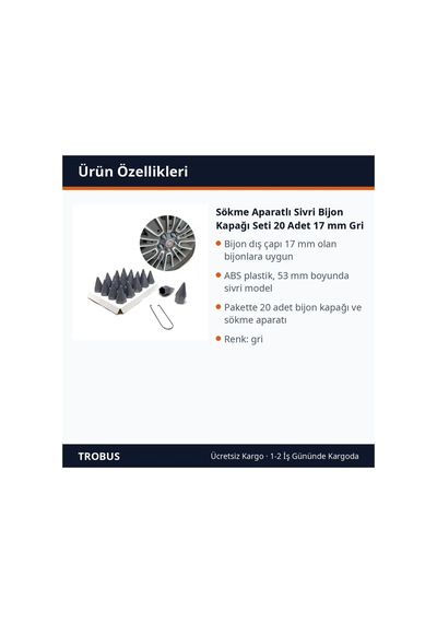 Trobus Sökme Aparatlı Sivri Bijon Kapağı Seti 20 Adet 17 Mm Gri