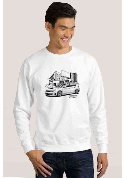 Subaru Hackback Baskılı Beyaz Erkek Örme Sweatshirt