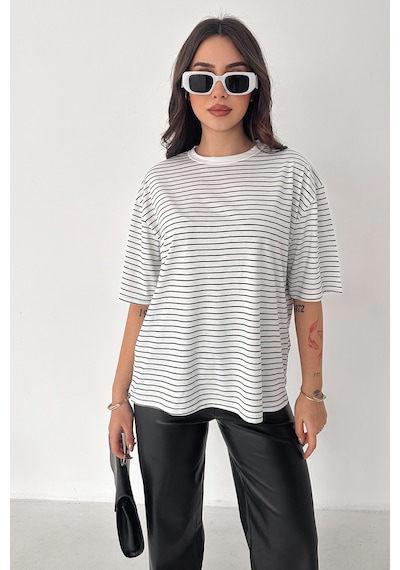 Noa & Noa Kadın Oversize Çizgili Tişört Monochrome Ease Beyaz