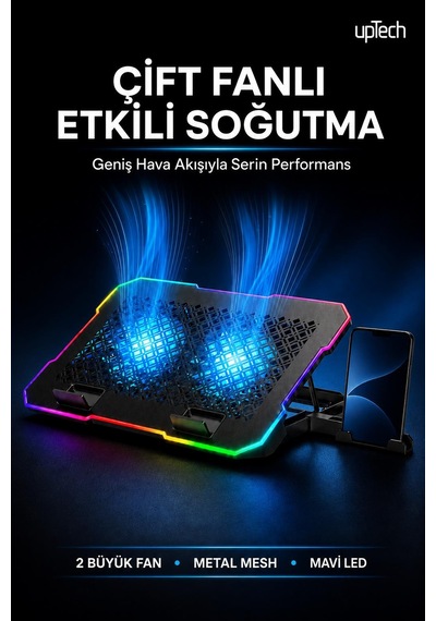 Uptech Rgb Laptop Soğutucu 2 Fanlı Ayarlanabilir Standlı Notebook Soğutucu