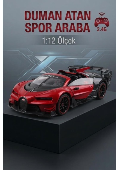1:12 Ölçek 8 Fonksiyonlu Bugetti Chiron Tasarımlı Duman Efektli Uzaktan Kumandalı Yarış Arabası Kırmızı