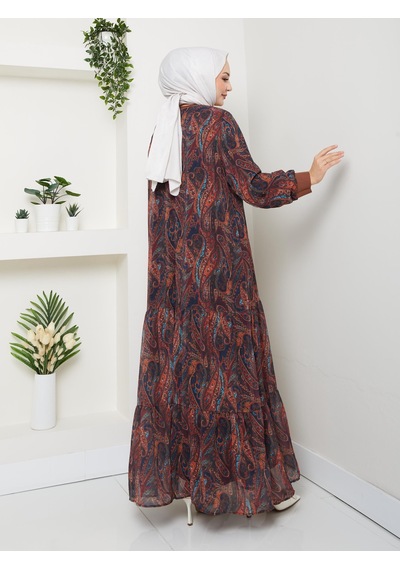 Hb Harma Time Butik Kadın Astarlı Kahverengi Şifon Şal Desen Elbise