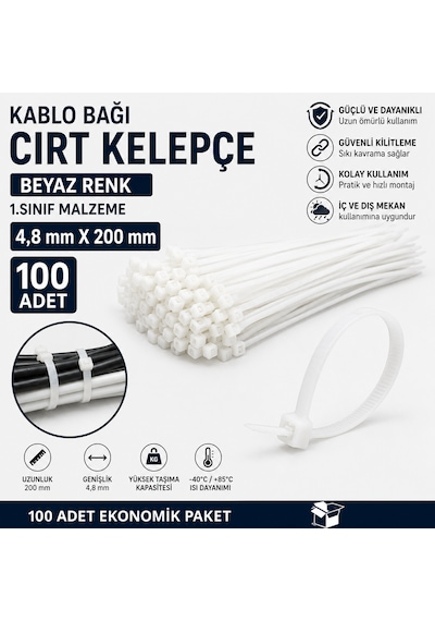 Kablo Bağı Cırt Kelepçe Plastik Kelepçe Beyaz Renk 1.sınıf Malzeme 4,8 Mm X 200 Mm 100 Adet 100 Adet - Beyaz Kablo Bağı Cırt Kelepçe Plastik Kelepçe Beyaz Renk 1.sınıf Malzeme 4,8 Mm X 200 Mm 100 Adet 100 Adet - Beyaz