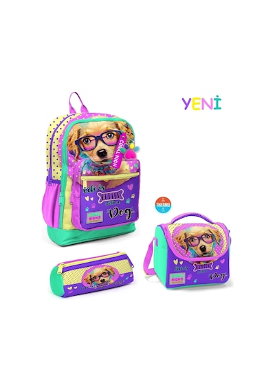 Coral High Kids Sarı Pembe Sevimli Köpek Desenli 3'lü Okul Çantası