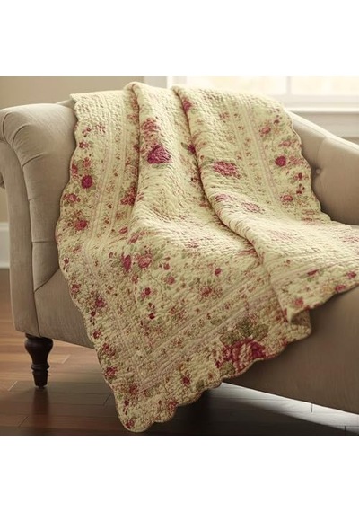 Klasik Geleneksel Çiçek - 100 Pamuk Kapitone Örtü Battaniye 127 X 152 Cm Ekru Diğer
