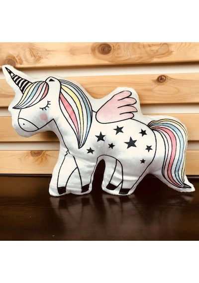 Unicorn Tasarımlı Yumuşak Peluş Yastık Beyaz