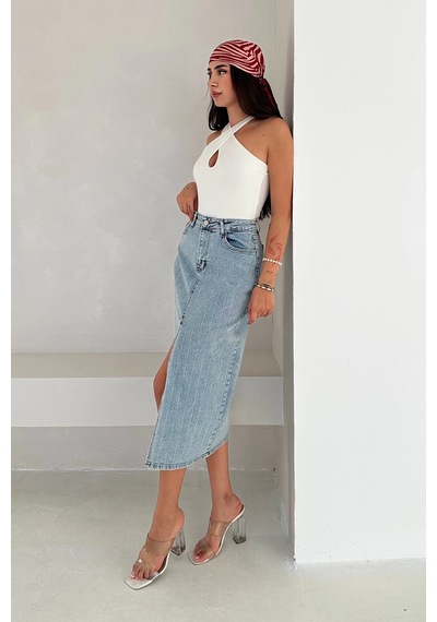 Asprin Fashion Paralel Taşlı Yırtmaçlı Denim Etek Mavi Mavi