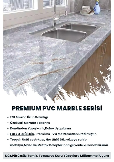 Technojet Kendinden Yapışkanlı Mermer Desen Folyo Mutfak Banyo Tezgah Duvar Kaplama 60cmx100cm Gri