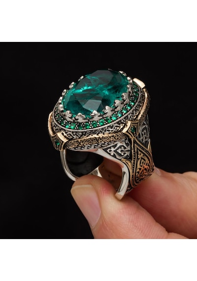 Yeşil Paraiba Taşlı Zorbey 925 Gümüş Erkek Yüzük