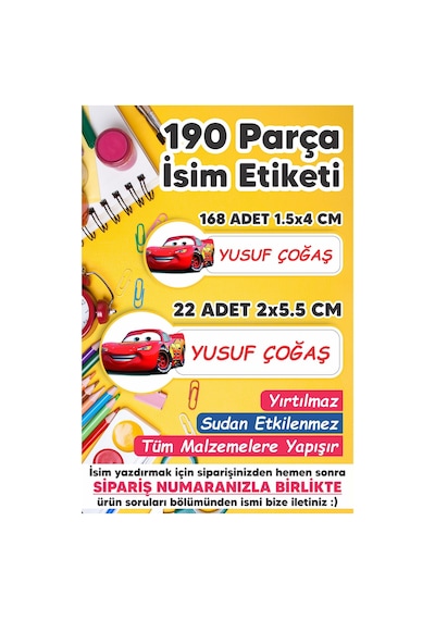 Okul Etiketi Kalem Defter Etiketi Cars Özel Isim Yazılabilen Etiket 190 Adet
