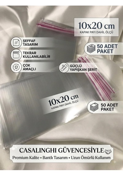 10x20 Cm Kendinden Yapışkanlı Jelatin Poşet Bantlı Şeffaf Opp Torba Paket 50li 10x20