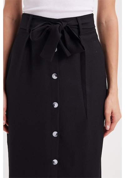 Tudors Kadın Slim Fit Dar Kesim Pileli Pamuklu Ön Düğme Kapamalı Kuşaklı Yırtmaçlı Siyah Etek -50946