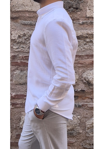 Slim Fit Uzun Kol Müslin Pamuk Rahat Nefes Alabilen Kumaştan Yaka Düğmeli Hediye Kutulu Erkek Gömlek Fs-004202 - Beyaz-2869