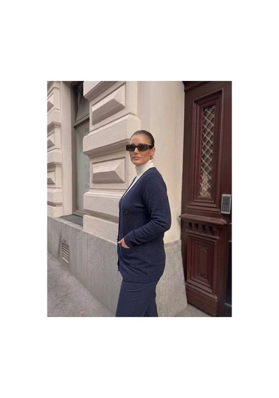 Onno Style Women Çelik Örgü Taş Aksesuarlı Klasik Triko Ceket Lacivert