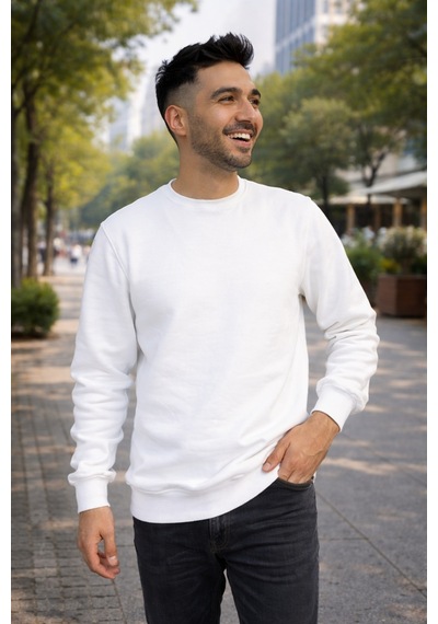 Luxıc Core Erkek Beyaz Basic Sweatshirt Geniş Kalıp Bisiklet Yaka, Rahat Kesim, Günlük Ve Sokak Stili