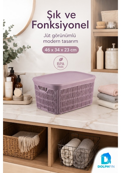 Jute Kapaklı Saklama Kutusu 26 L Plastik Mutfak Kiler Dolap İçi Organizer 46x34x23 Cm Mor