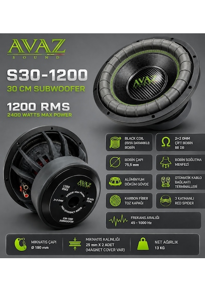 30 Cm 1200 Rms 2400 W Bas Subwoofer Avaz S30-1200