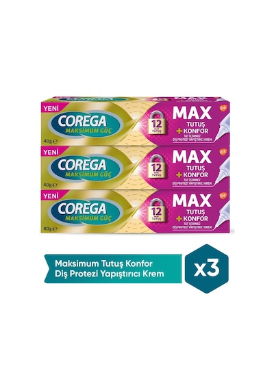 Corega Maksimum Tutuş Konfor Diş Protezi Yapıştırıcı Krem 3 x 40 G