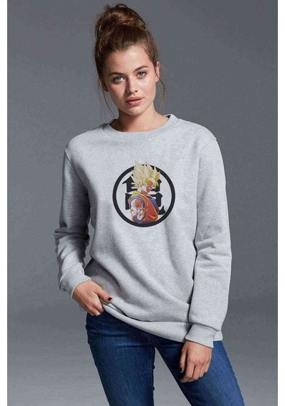 Anime Dragon Ball Baskılı Gri Kadın Sweatshirt (528306636)