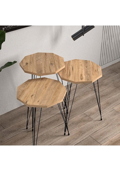 Çam Siyah Metal Ayaklı Çam Detaylı 3lü Çokgen Zigon Sehpa
