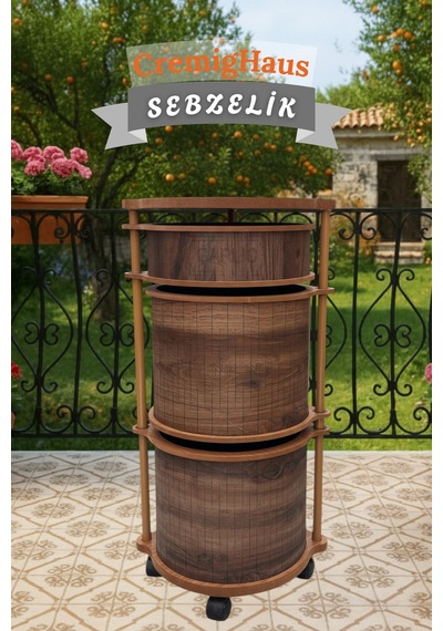 Ahşap Sebzelik Geleneksel Tasarım Yuvarlak Kemençe Desenli 2 X 7 + 3 Kg Kapasiteli Hazır Gönderim Diğer