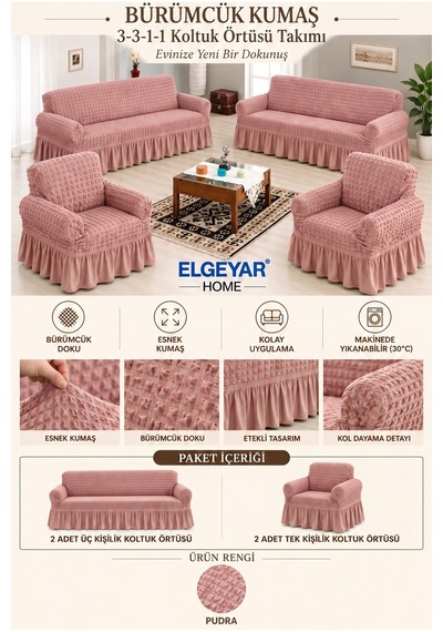 Bürümcük Koltuk, Kanepe, Çekyat Örtüsü, Koltuk Kılıfı 3 3 1 1 Pembe - 169471297 Pembe