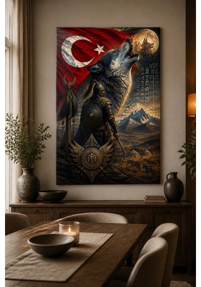Türk Motifi Kurt Ve Bozkurt Temalı Baskılı Cam Tablo Uv Baskı Dekoratif Duvar Tablosu