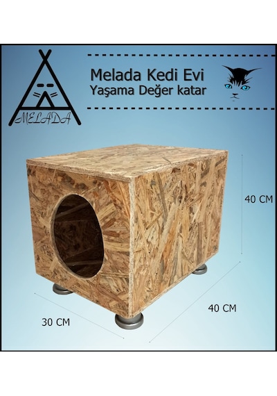 Melada Kedi Evi Dış Ortam Uygun Ahşap Kedi Evi Osb Plastik Ayak 40x40x30 Cm