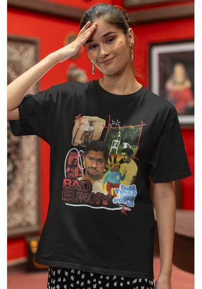 Bad Bunny Rapper Şarkıcı Baskılı Unisex Oversize Tişört Siyah