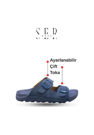 Sermoda Kadın Terlik Esnek Anatomik Tabanlı Ayarlanabilir Çift Tokalı Kadın Terlik Mavi