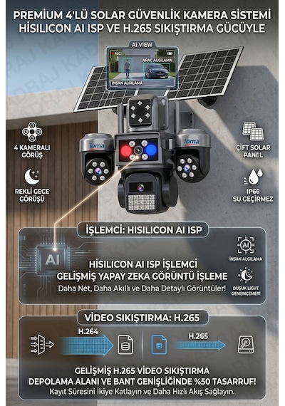 4 Kameralı, 4g Sim Kartlı, Yıllık 180gb Turkcell İnternet Ve 128gb Sd Kart Dahil, Çakarlı, Sirenli 2 Solar Panel