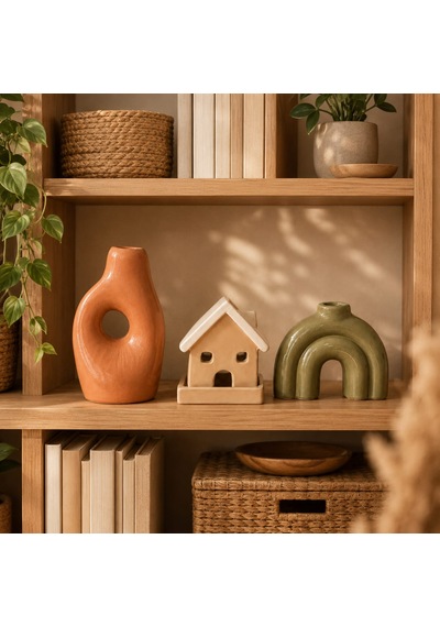 Momiko 3 Lü Modern Bohem Dekoratif Obje Ve Vazo Seti Ev, Kemer Ve Delikli Form Terracota-bej-yeşil