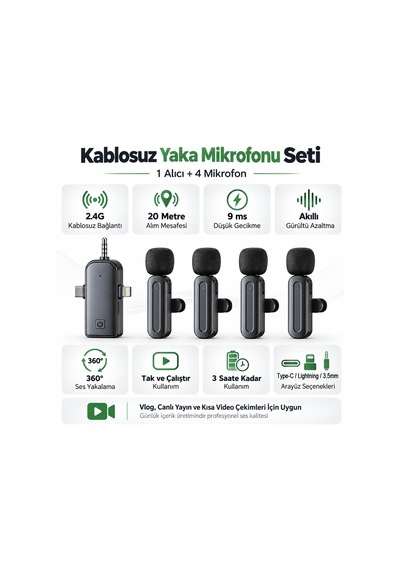 1 Alıcı 4 Mikrofonlu 2.4g Kablosuz Yaka Mikrofonu Vlog Sx26 Pro
