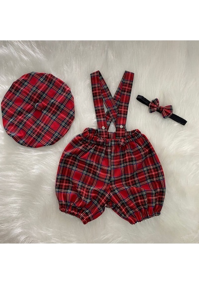 Eylülce Butik Kırmızı Ekoseli Çocuk Askılı Şort Salopet & Ressam Şapkası & Papyon Takım-