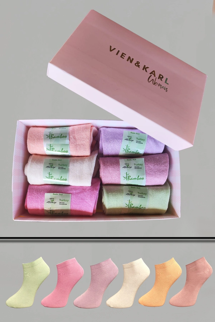 Vien&Karl 6'lı Premium Kutu Kadın Karışık Renk Bambu Çorap Vk-patikrenkli-6lı-36/41