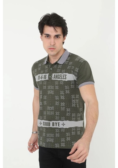 Erkek Polo Yaka Tişört Slim Fit Baskılı Kısa Kol T-shirt - Haki