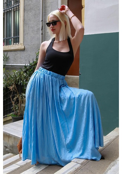 Madmext Bebe Mavisi Vual Kumaş Basic Kadın Uzun Boy Kadın Etek Mg2366 Bebe Mavisi