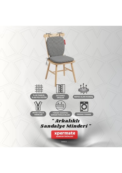 Pötikare Sırtlıklı Sandalye Minderi 42x42 Fermuarlı Yıkanabilir Kılıf Bağcıklı Minder Standart Fit Siyah