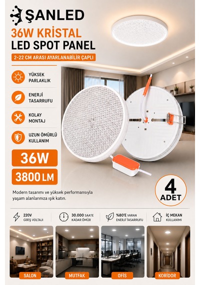 36w Kristal Beyaz Işık Led Spot Panel 3800 Lümen 2-22 Cm Ayarlanabilir Çaplı Tavan Aydınlatma 4 Adet