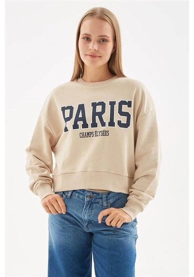 Fashion Frends Fashion Friends Baskılı Crop Sweat Bej Bej / Beige