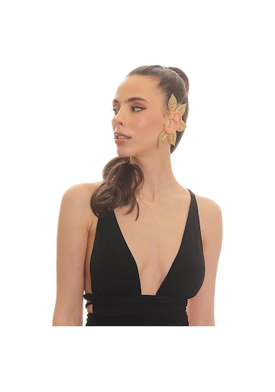 Kadın Altın Renk Lak Kaplama Zirkon Taşlı Dokulu Yaprak Stilizesi Sol Kulak Earcuff&kıkırdak Küpe Çok Renkli
