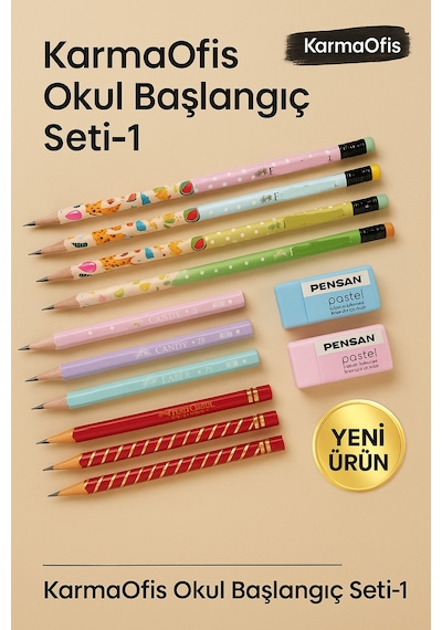 Pastel Kurşun Kalem + Silgi + Desenli Kalem Seti 12'li Çok Renkli