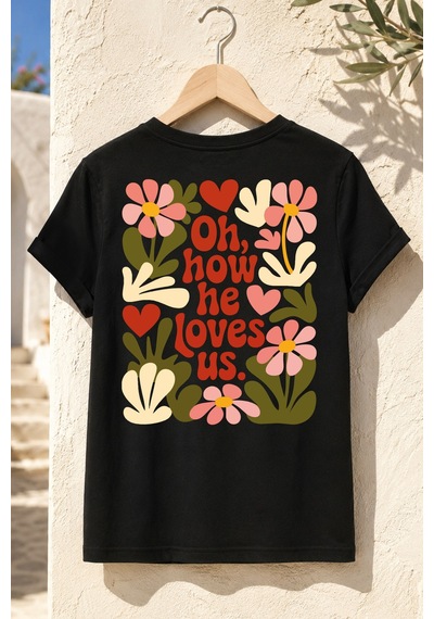 Spoyi Retro Love Tasarımlı %100 Pamuk Yarım Oversize Siyah T-shirt