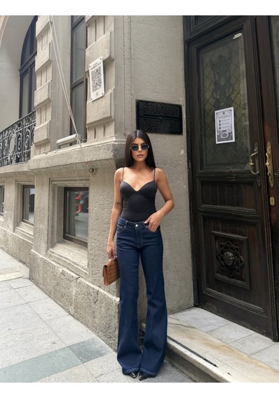 Out Of Standart Kadın Midwaist Flare Yüksek Bel Geniş Paça Jean Pantolon İndigo