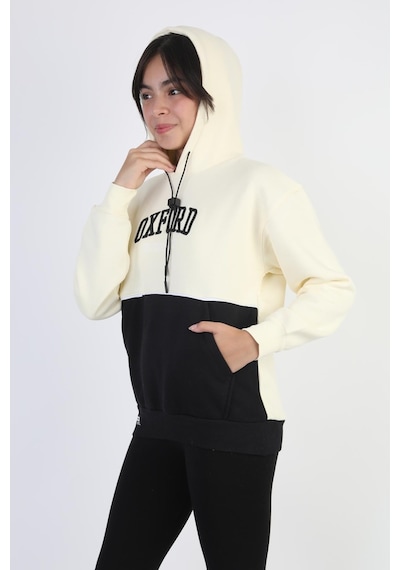 Kapşonlu Oxford Baskılı Kanguru Cepli Kız Çocuk Sweatshirt-90864 Krem