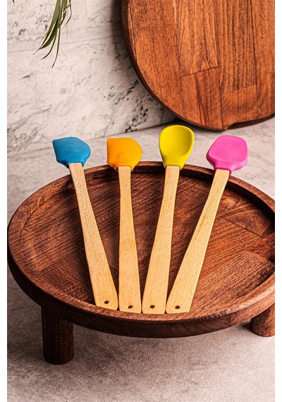 4'lü Yanmaz Yapışmaz Renkli Silikon Başlıklı Ahşap Spatula Seti Çok Renkli