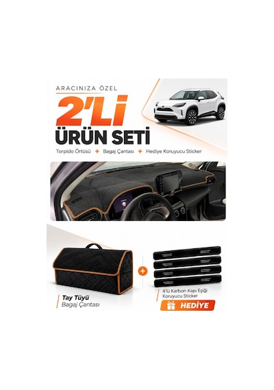 E-biz Toyota Yaris Cross 2022-2025 Uyumlu Torpido + Tay Tüyü Çanta - Siyah-kahverengi - To029