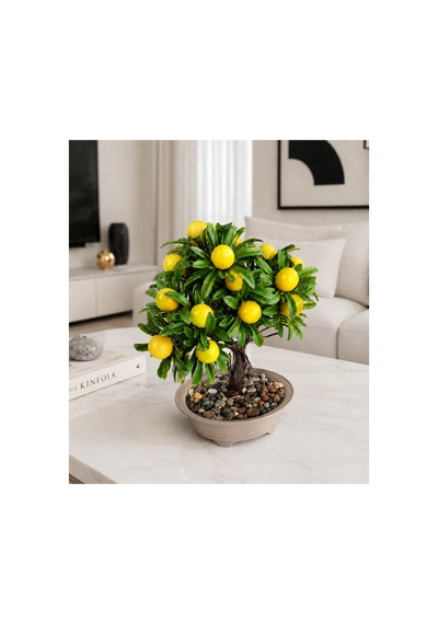 Premium Gerçekçi Yapay Limon Bonsai Ağacı - 24 Cm Dekoratif Saksılı Yapay Bitki Sarı Sarı
