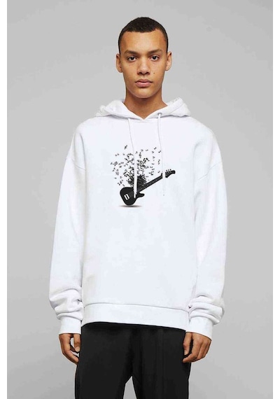 Gitar Notalar Baskılı Beyaz Erkek Örme Kapşonlu Sweatshirt
